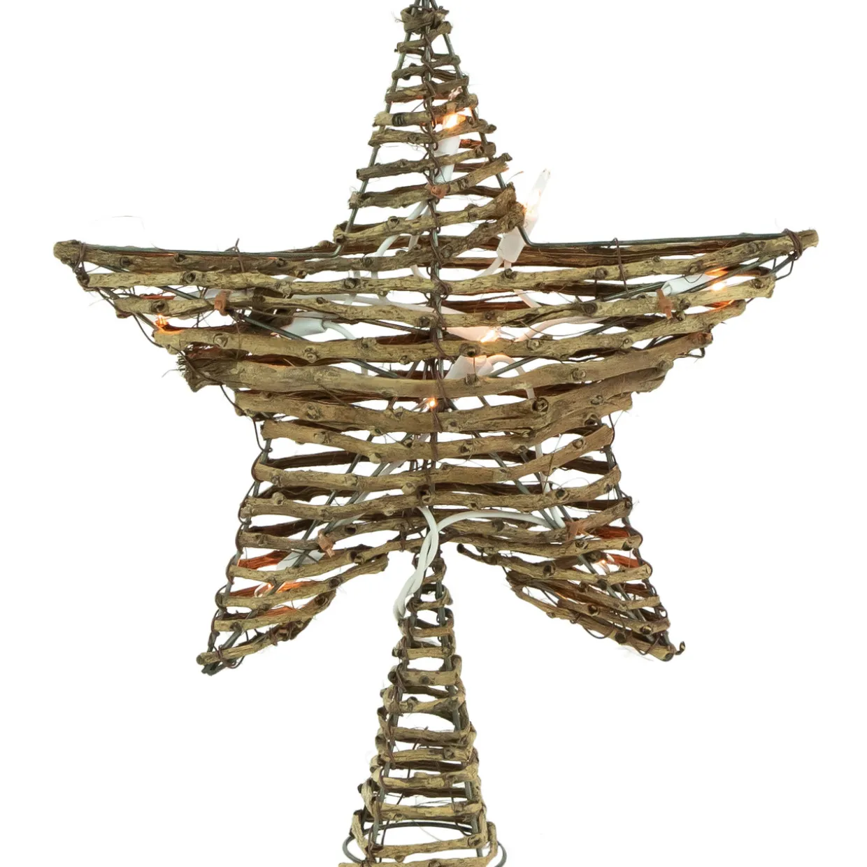 11" Lighted Rattan Twigs Star Christmas Tree Topper- Clear Lights, White Wire