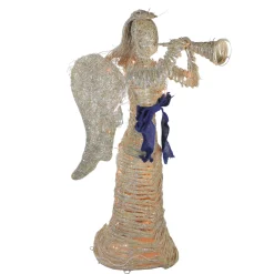 4.25' Lighted Silver and Beige Glitter Dusted Angel with Horn Outdoor Christmas Yard Art Decor
