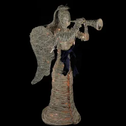 4.25' Lighted Silver and Beige Glitter Dusted Angel with Horn Outdoor Christmas Yard Art Decor