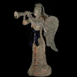 4.25' Lighted Silver and Beige Glitter Dusted Angel with Horn Outdoor Christmas Yard Art Decor