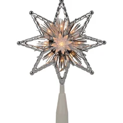 8" Lighted Silver Tinsel Star Christmas Tree Topper - Clear Lights, White Wire