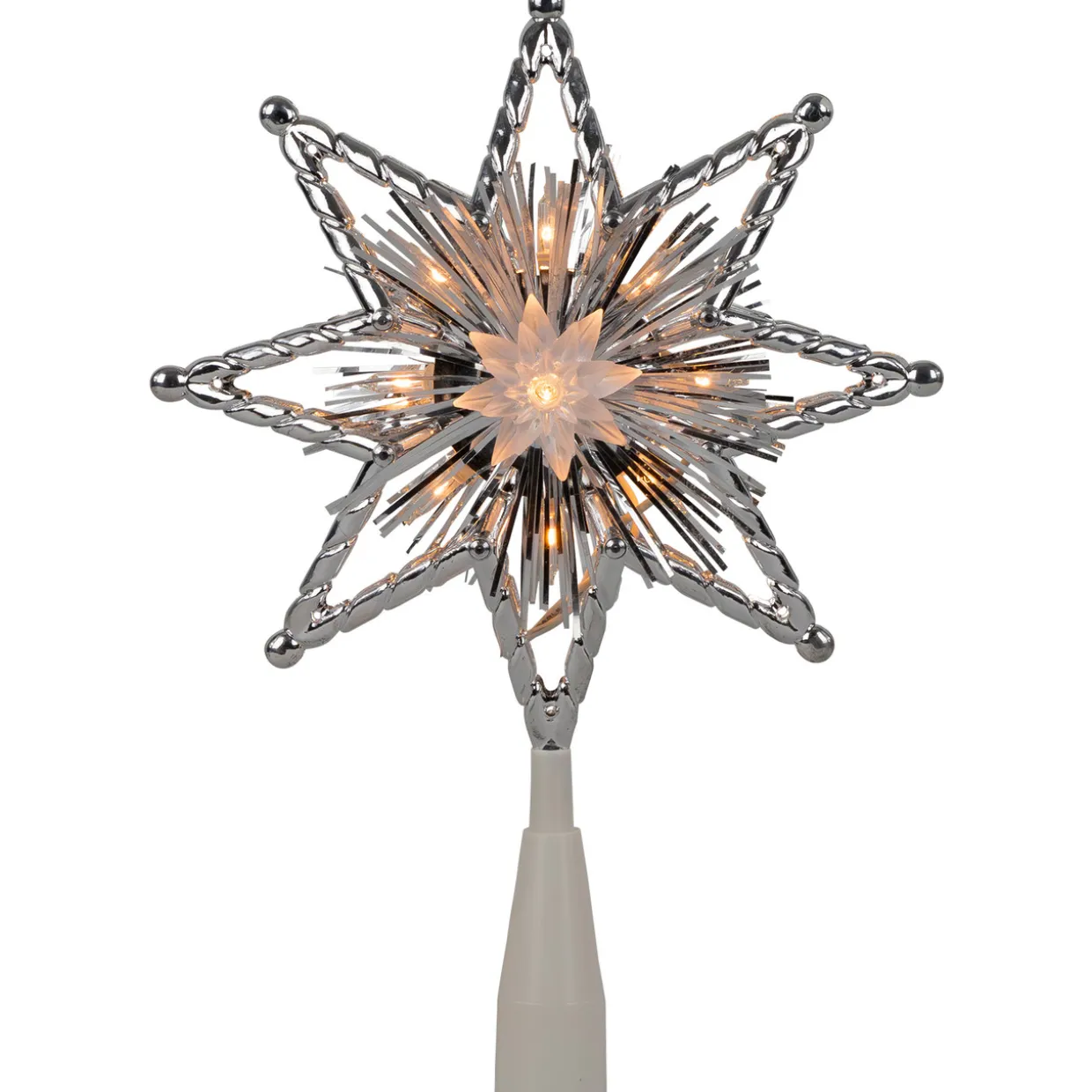 8" Lighted Silver Tinsel Star Christmas Tree Topper - Clear Lights, White Wire