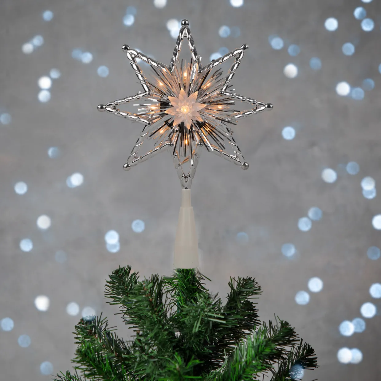 8" Lighted Silver Tinsel Star Christmas Tree Topper - Clear Lights, White Wire