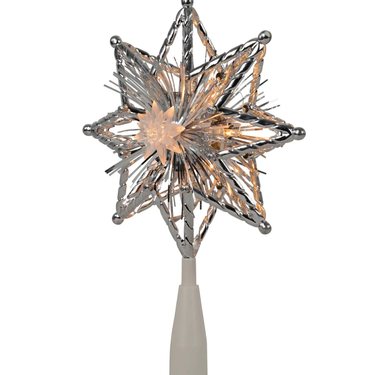8" Lighted Silver Tinsel Star Christmas Tree Topper - Clear Lights, White Wire