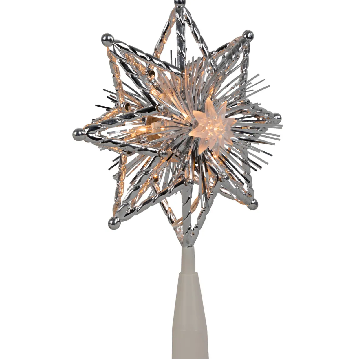 8" Lighted Silver Tinsel Star Christmas Tree Topper - Clear Lights, White Wire