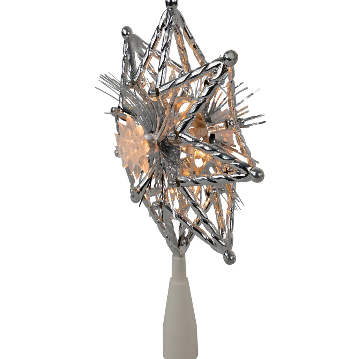 8" Lighted Silver Tinsel Star Christmas Tree Topper - Clear Lights, White Wire