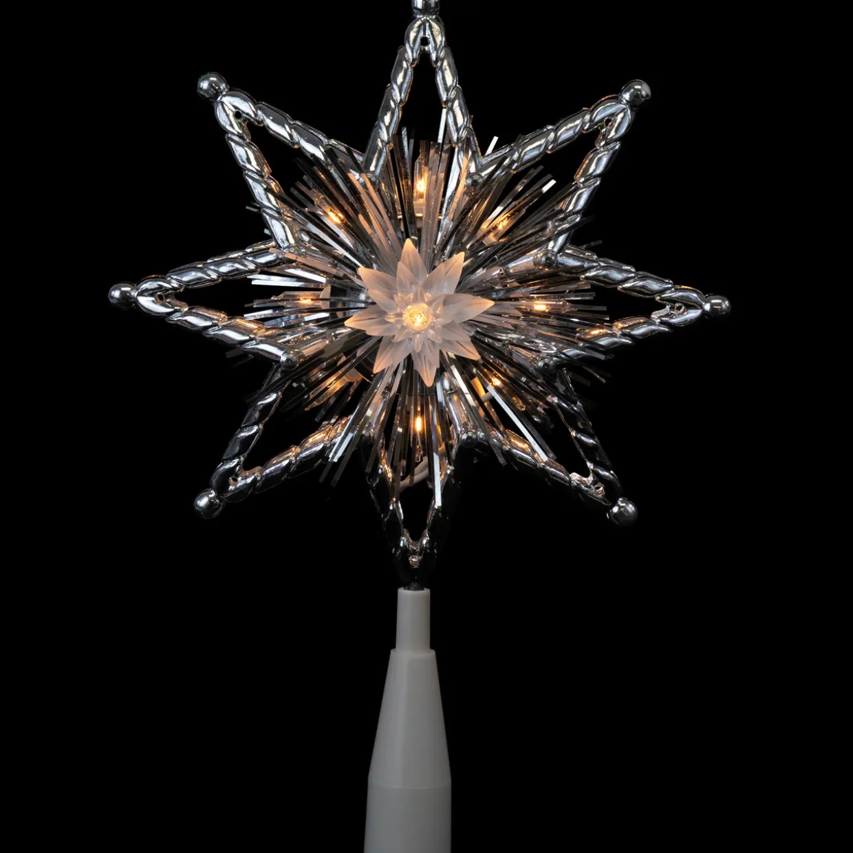 8" Lighted Silver Tinsel Star Christmas Tree Topper - Clear Lights, White Wire