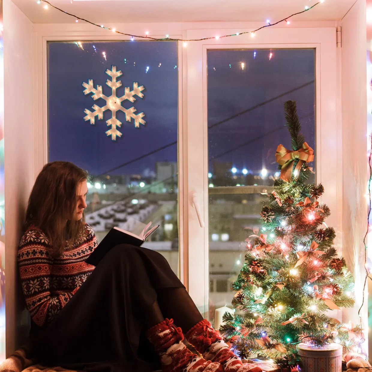 16.75" Lighted Snowflake Christmas Window Silhouette Decoration