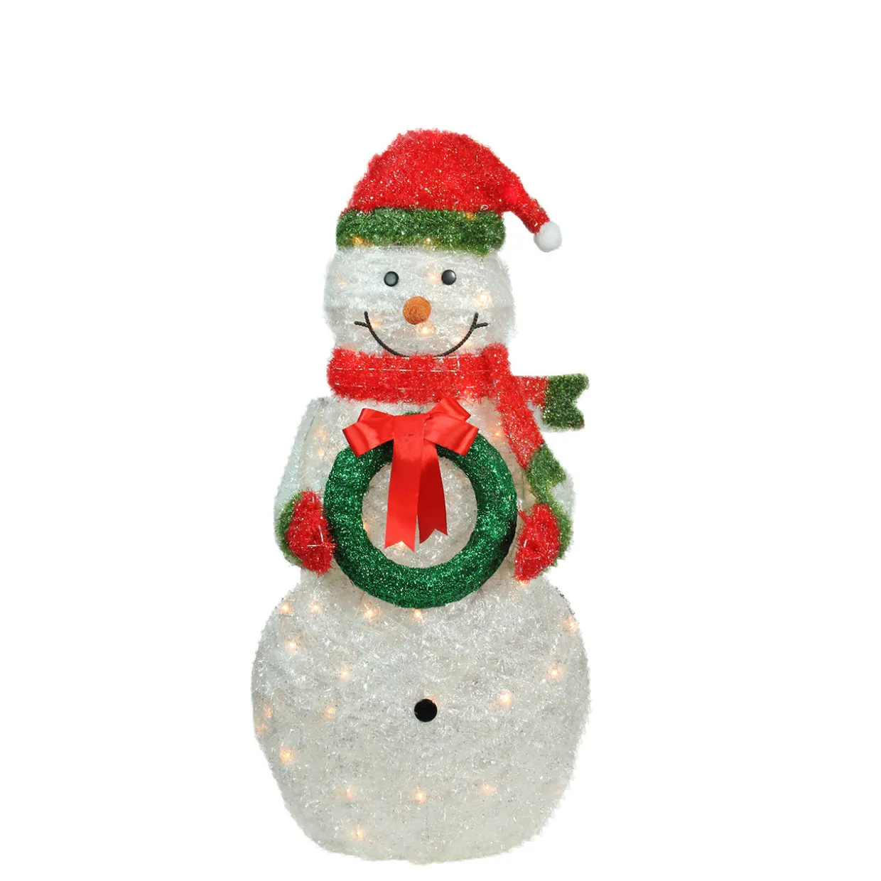 38" Lighted White and Red Tinsel Snowman with Wreath Outdoor Christmas Decoration