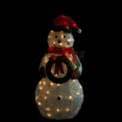 38" Lighted White and Red Tinsel Snowman with Wreath Outdoor Christmas Decoration