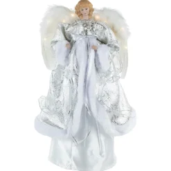 18" Lighted White and Silver Angel in a Dress Christmas Tree Topper - Warm White Lights