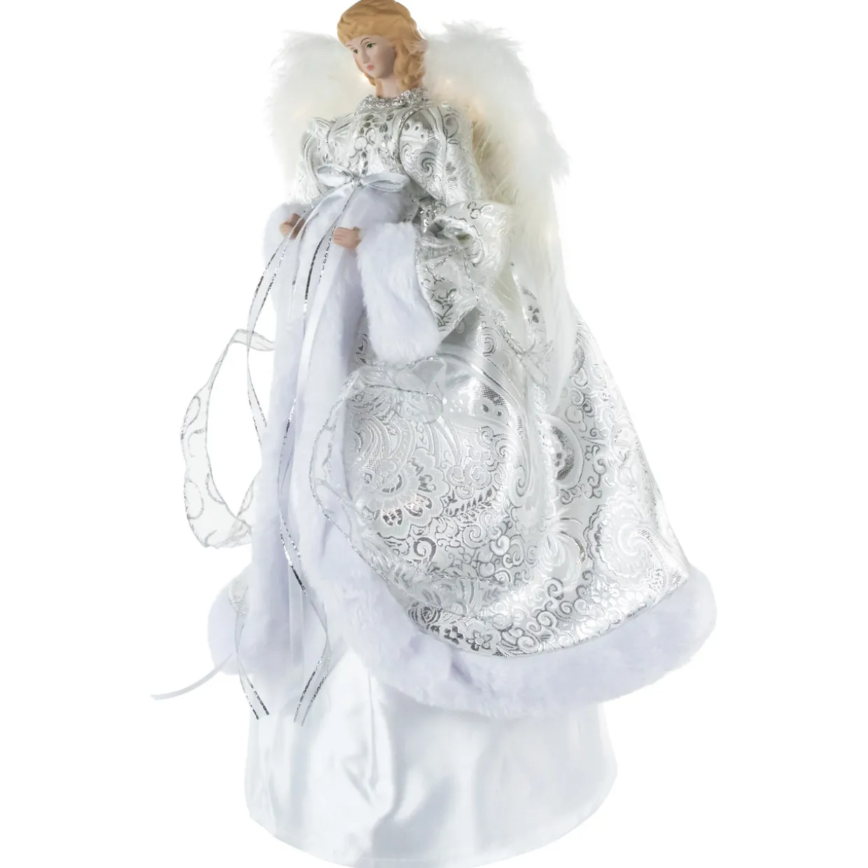 18" Lighted White and Silver Angel in a Dress Christmas Tree Topper - Warm White Lights