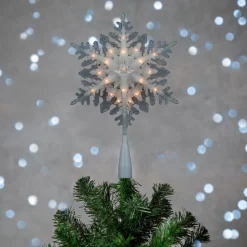 10" Lighted White Frosted 3-D Snowflake Christmas Tree Topper - Clear Lights