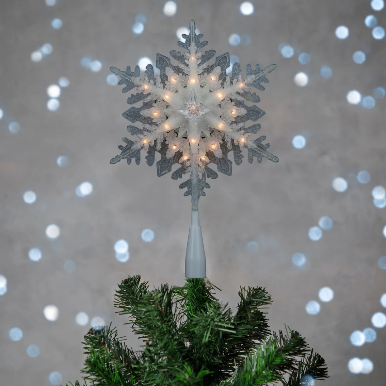 10" Lighted White Frosted 3-D Snowflake Christmas Tree Topper - Clear Lights