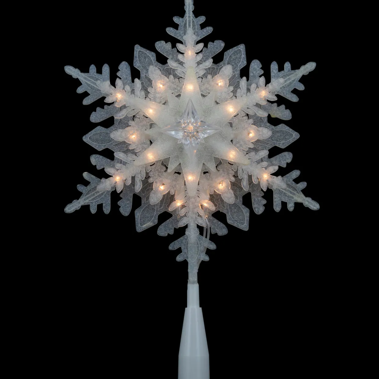 10" Lighted White Frosted 3-D Snowflake Christmas Tree Topper - Clear Lights