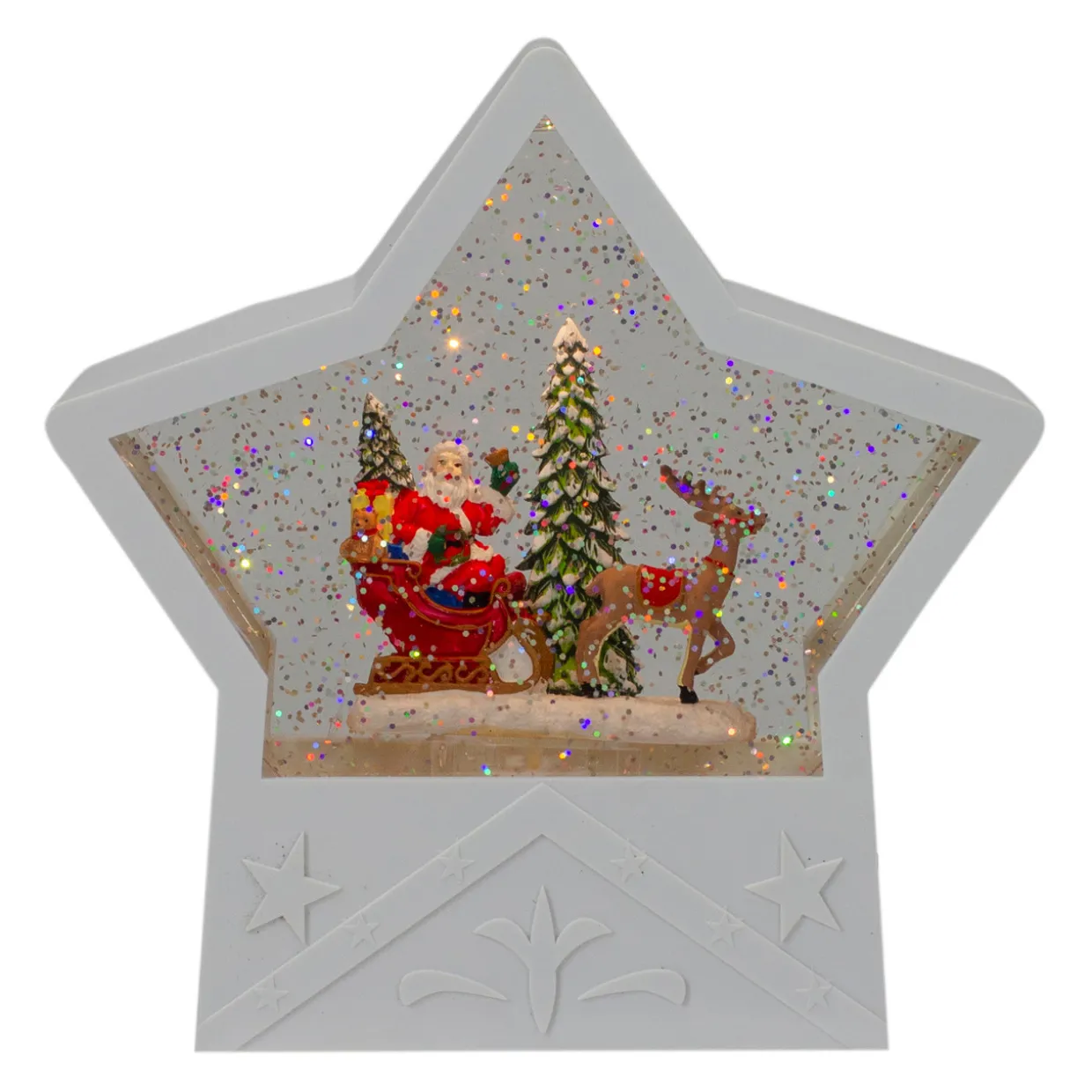7" Lighted White Star Christmas Snow Globe with Santa in Sleigh