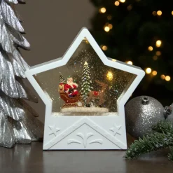 7" Lighted White Star Christmas Snow Globe with Santa in Sleigh