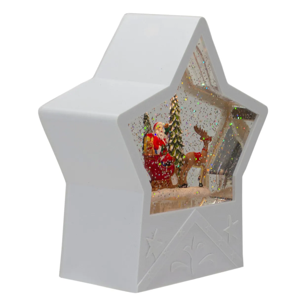 7" Lighted White Star Christmas Snow Globe with Santa in Sleigh
