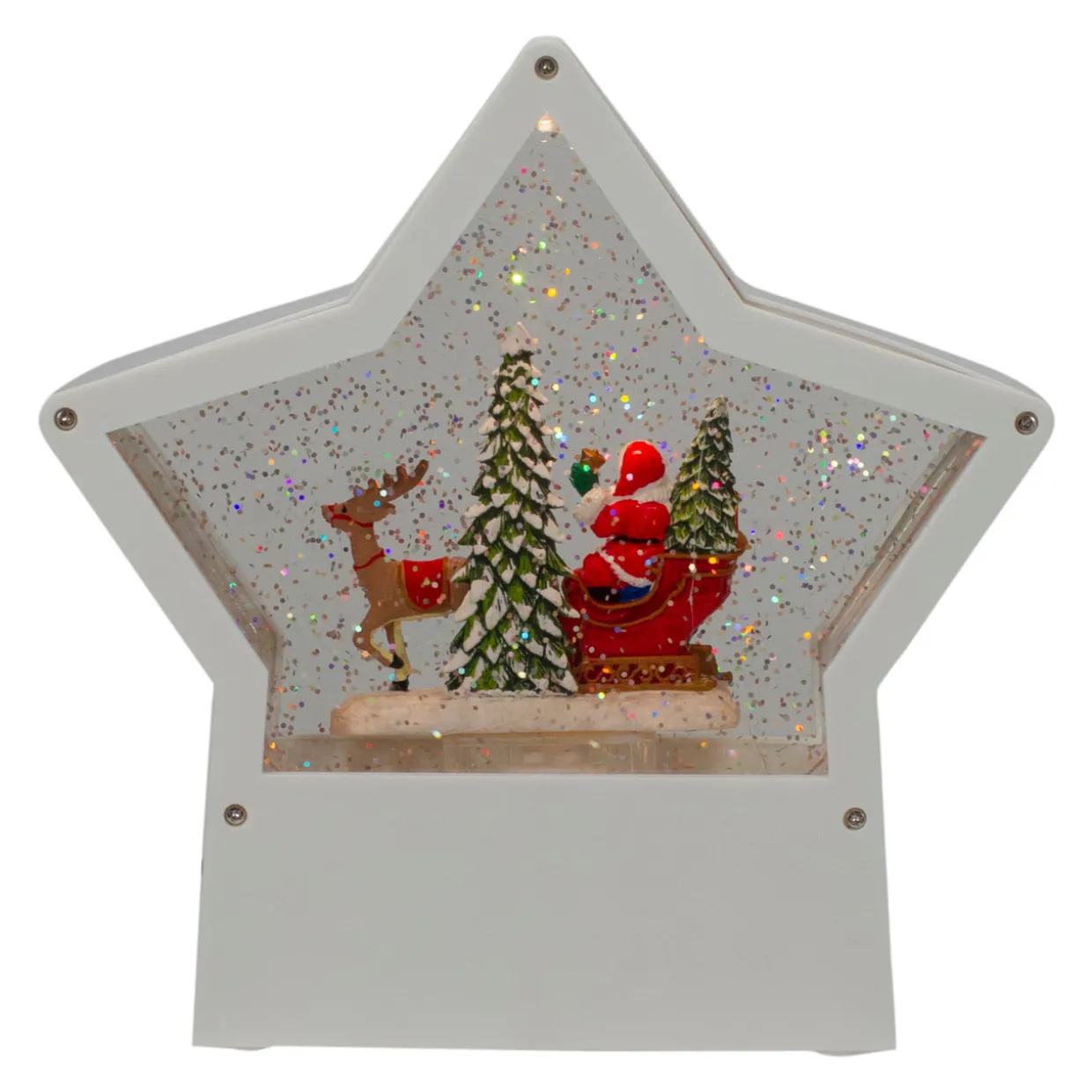 7" Lighted White Star Christmas Snow Globe with Santa in Sleigh