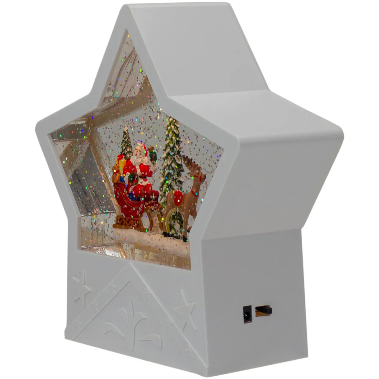 7" Lighted White Star Christmas Snow Globe with Santa in Sleigh