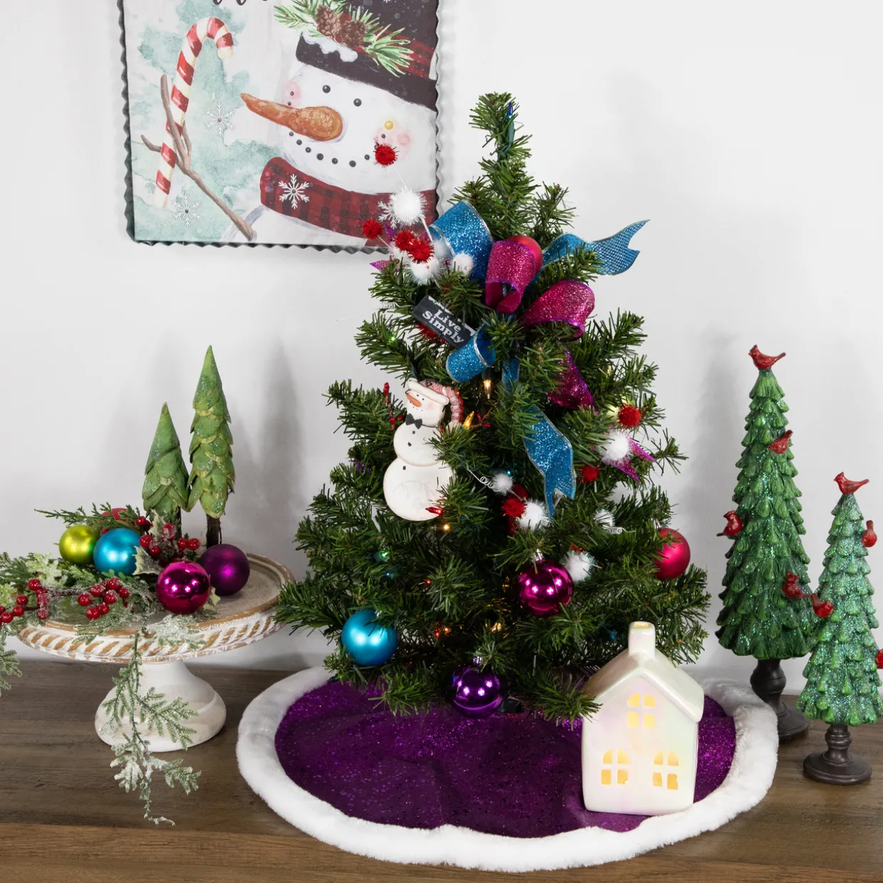 20" Magenta Glittered Mini Christmas Tree Skirt with White Fur Trim