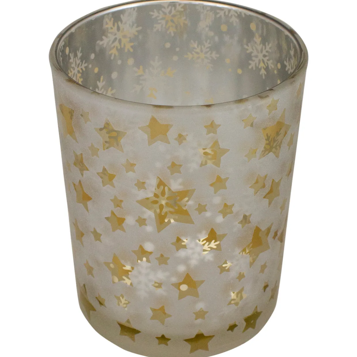 5" Matte Silver and Gold Stars and Snowflakes Flameless Glass Candle Holder
