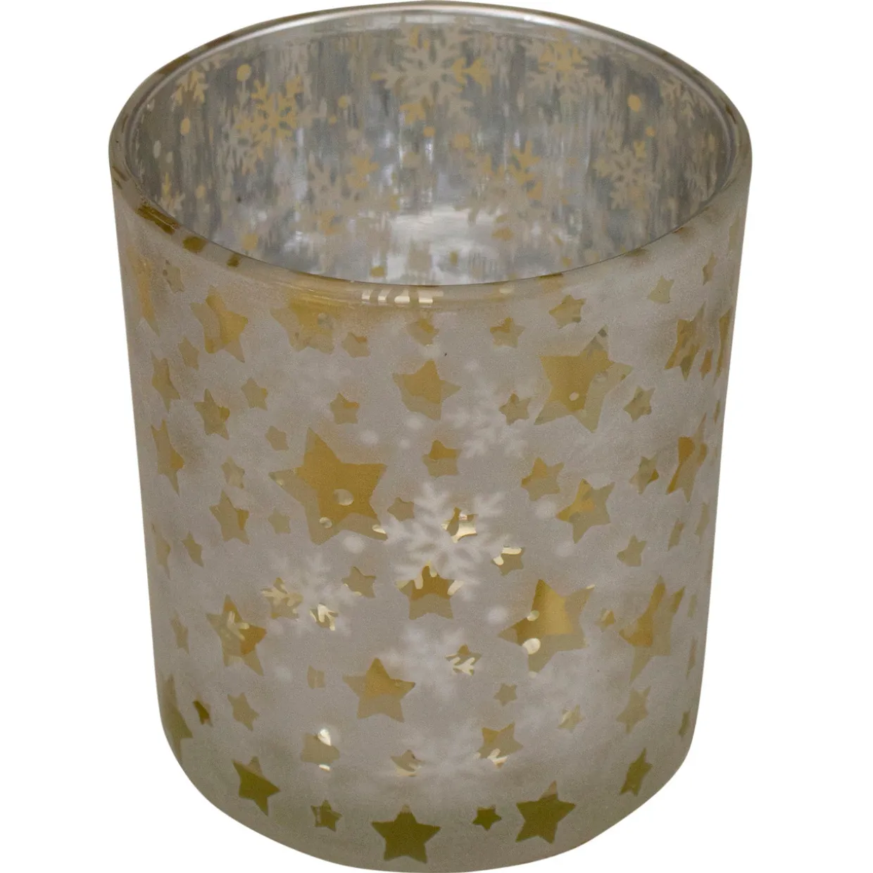3" Matte Silver and Gold Stars and Snowflakes Flameless Glass Candle Holder