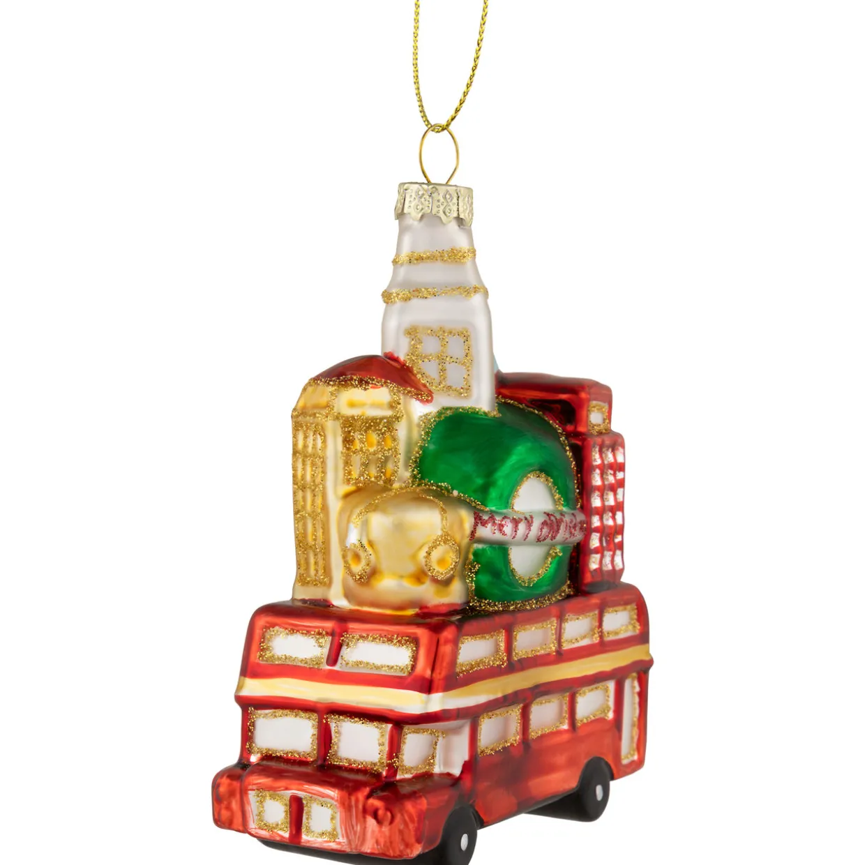 4.5" Merry Christmas Double Decker Tour Bus Glass Ornament