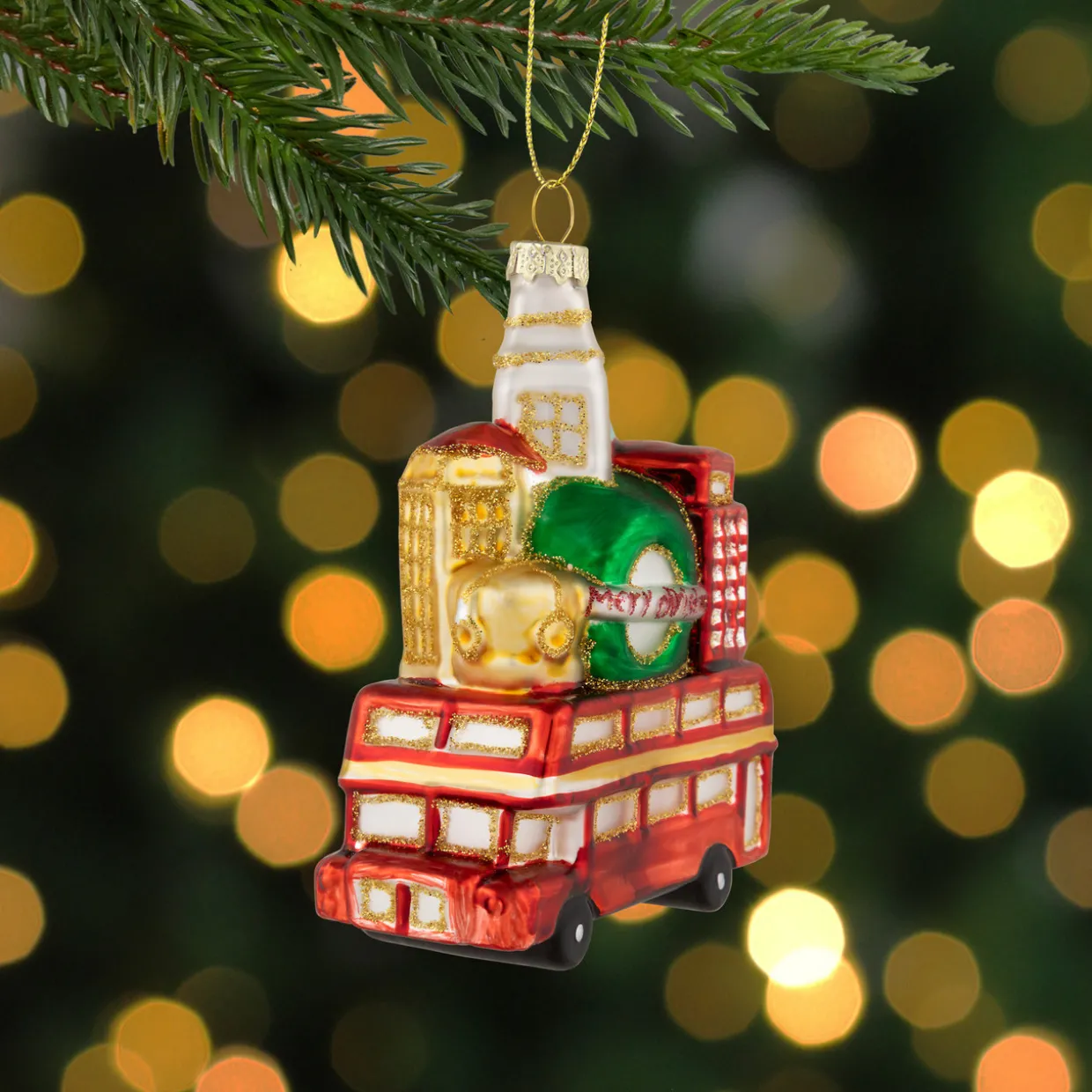 4.5" Merry Christmas Double Decker Tour Bus Glass Ornament