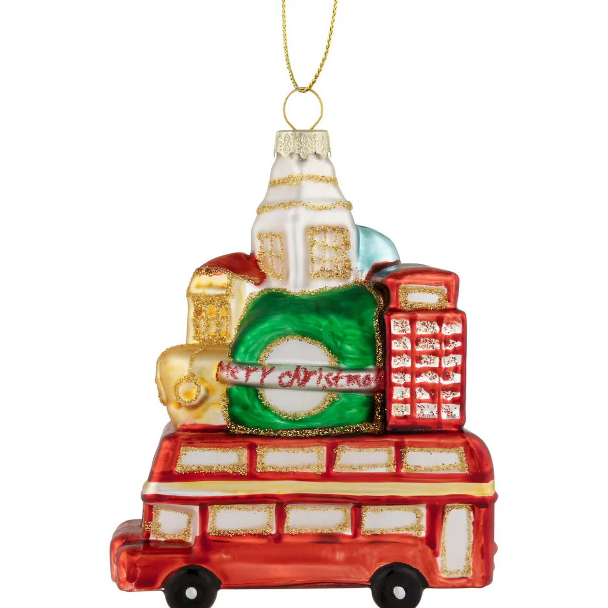 4.5" Merry Christmas Double Decker Tour Bus Glass Ornament