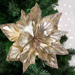 24" Metallic Champagne Gold Glittered Poinsettia Christmas Stem Spray