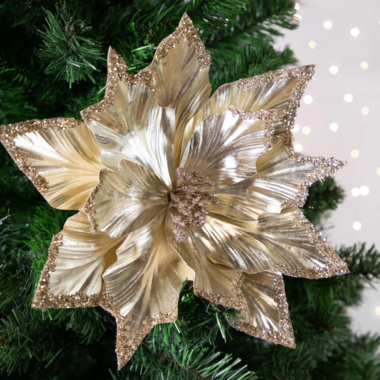 24" Metallic Champagne Gold Glittered Poinsettia Christmas Stem Spray