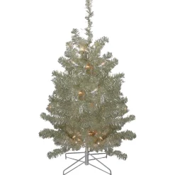3' Metallic Platinum Artificial Tinsel Christmas Tree - Clear Lights