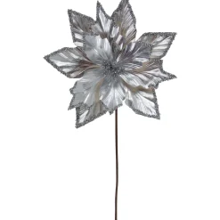 24" Metallic Silver Poinsettia Christmas Stem Spray