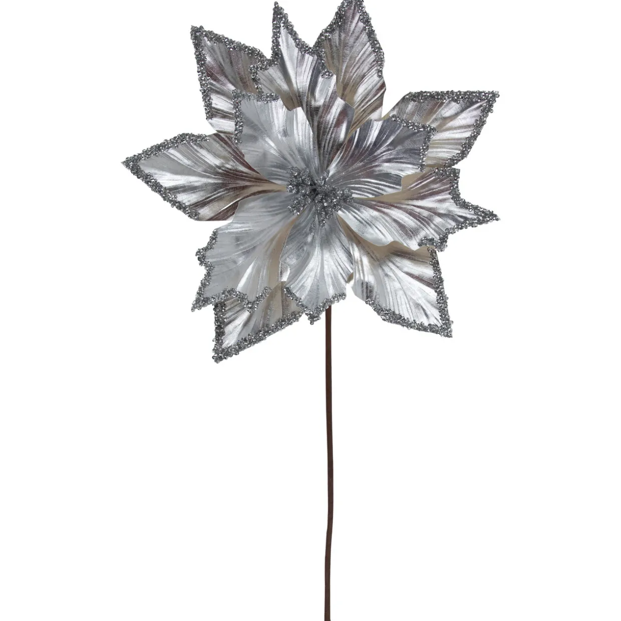 24" Metallic Silver Poinsettia Christmas Stem Spray