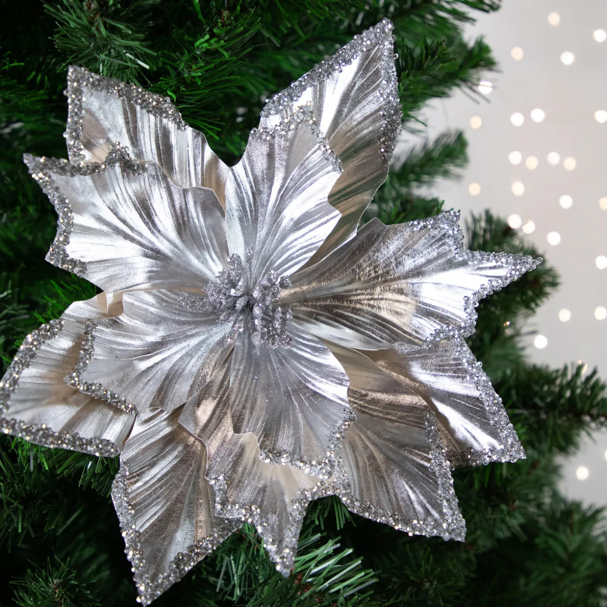 24" Metallic Silver Poinsettia Christmas Stem Spray