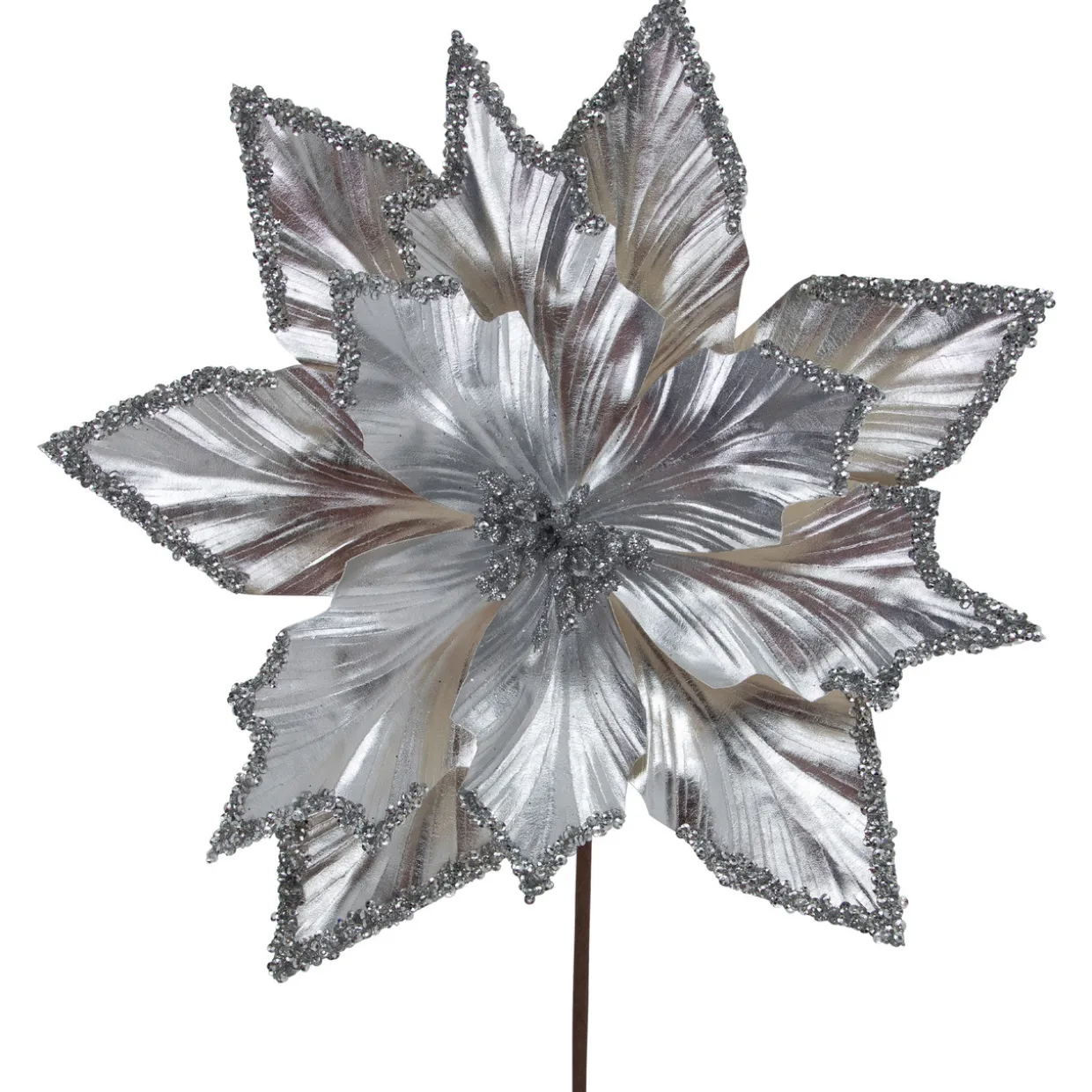 24" Metallic Silver Poinsettia Christmas Stem Spray