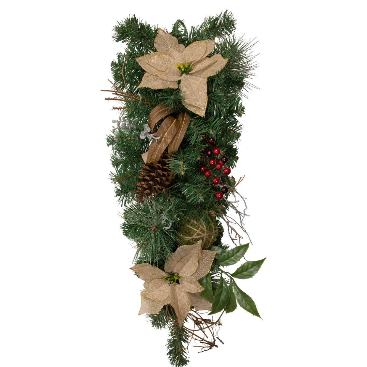 28" Mixed Pine Berry and Poinsettia Artificial Christmas Teardrop Swag - Unlit