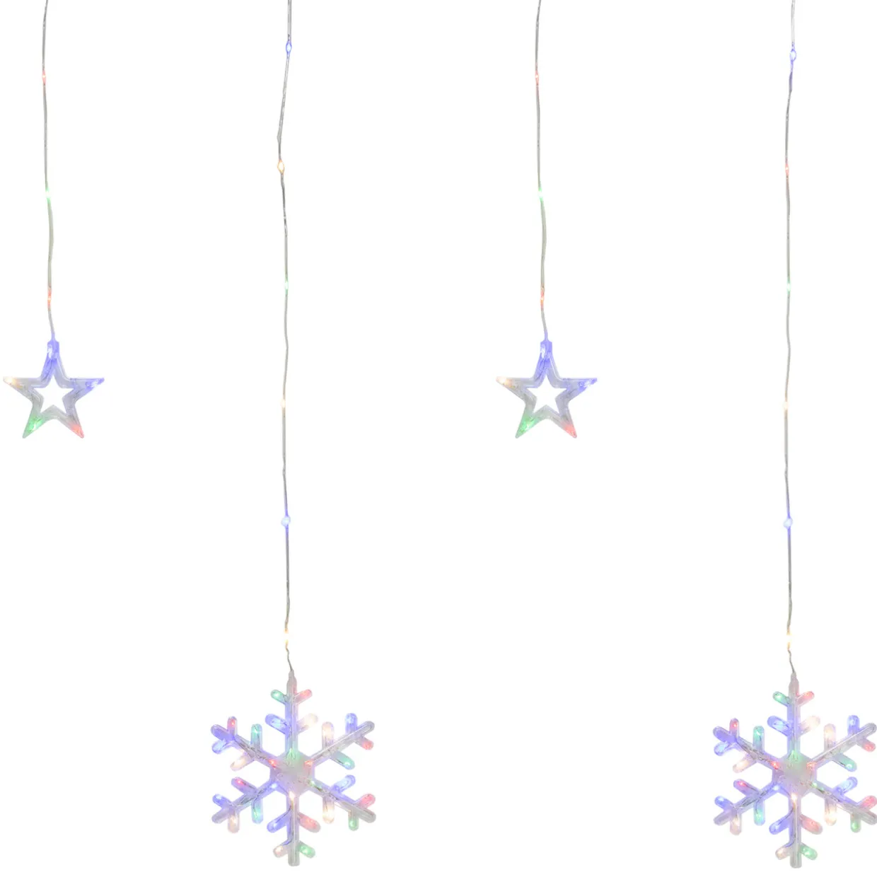 250 Multi-Color LED Star and Snowflake Window Curtain Christmas Lights - 16ft Clear Wire