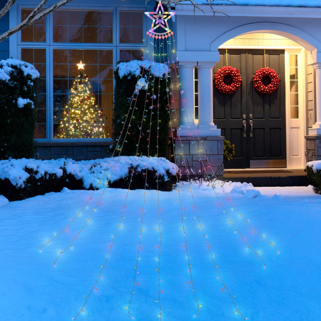 12.5' Multicolor LED Waterfall Light Tree and Tree Topper Outdoor Christmas Decoration