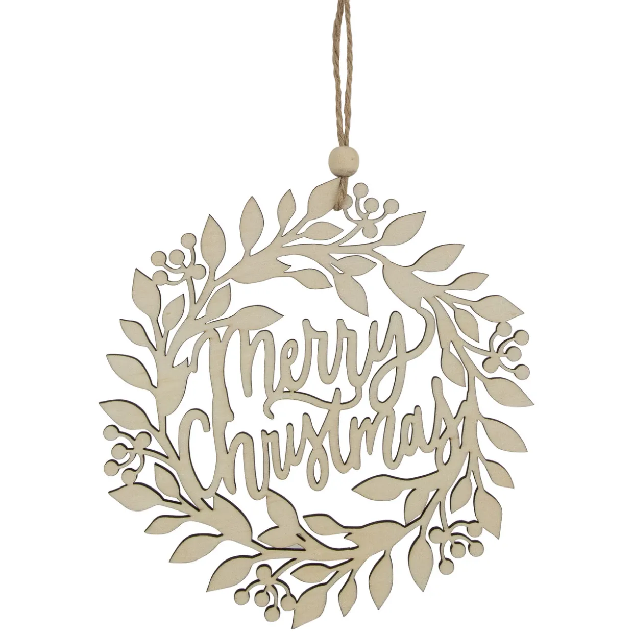 8" Natural "Merry Christmas" Wooden Wreath Ornament