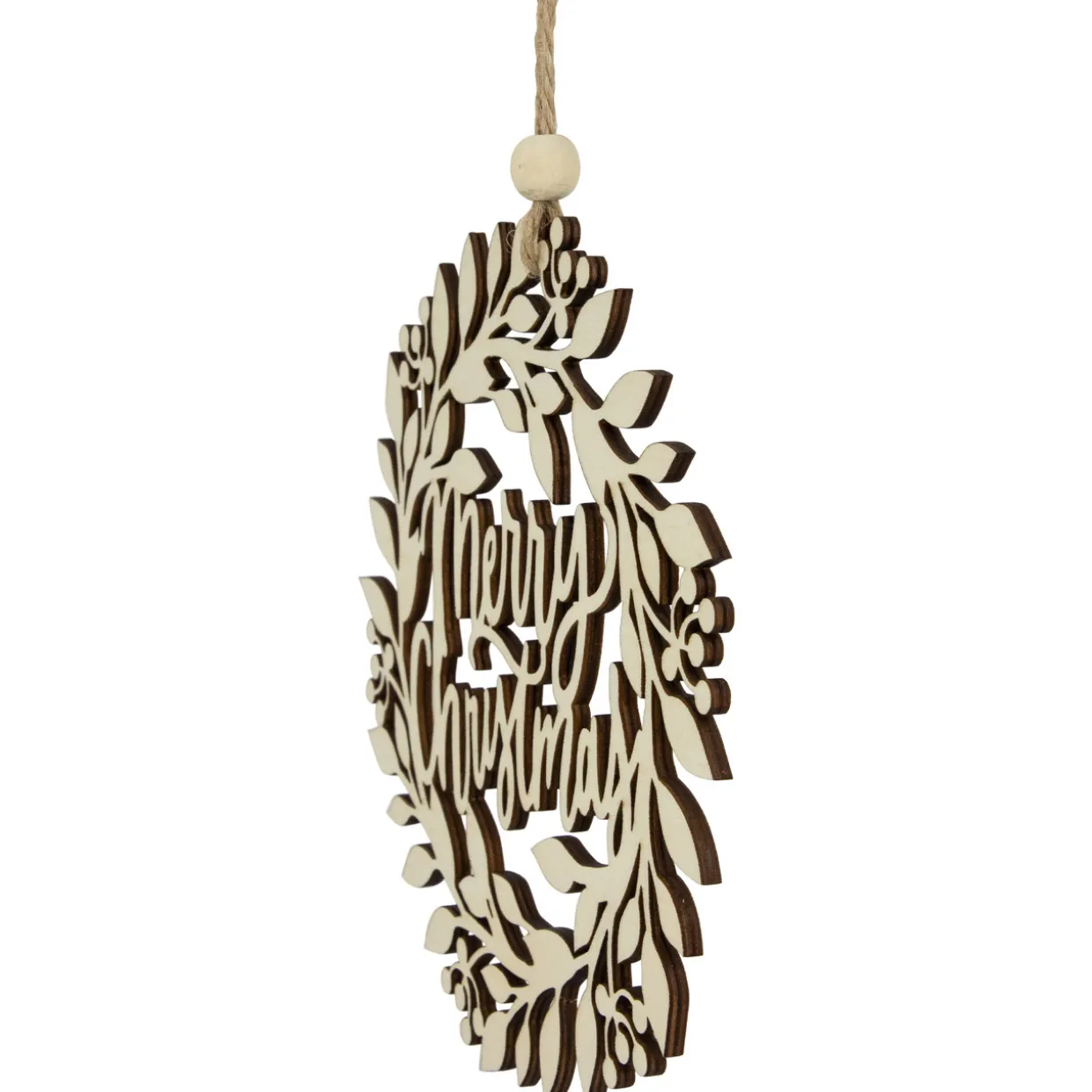 8" Natural "Merry Christmas" Wooden Wreath Ornament