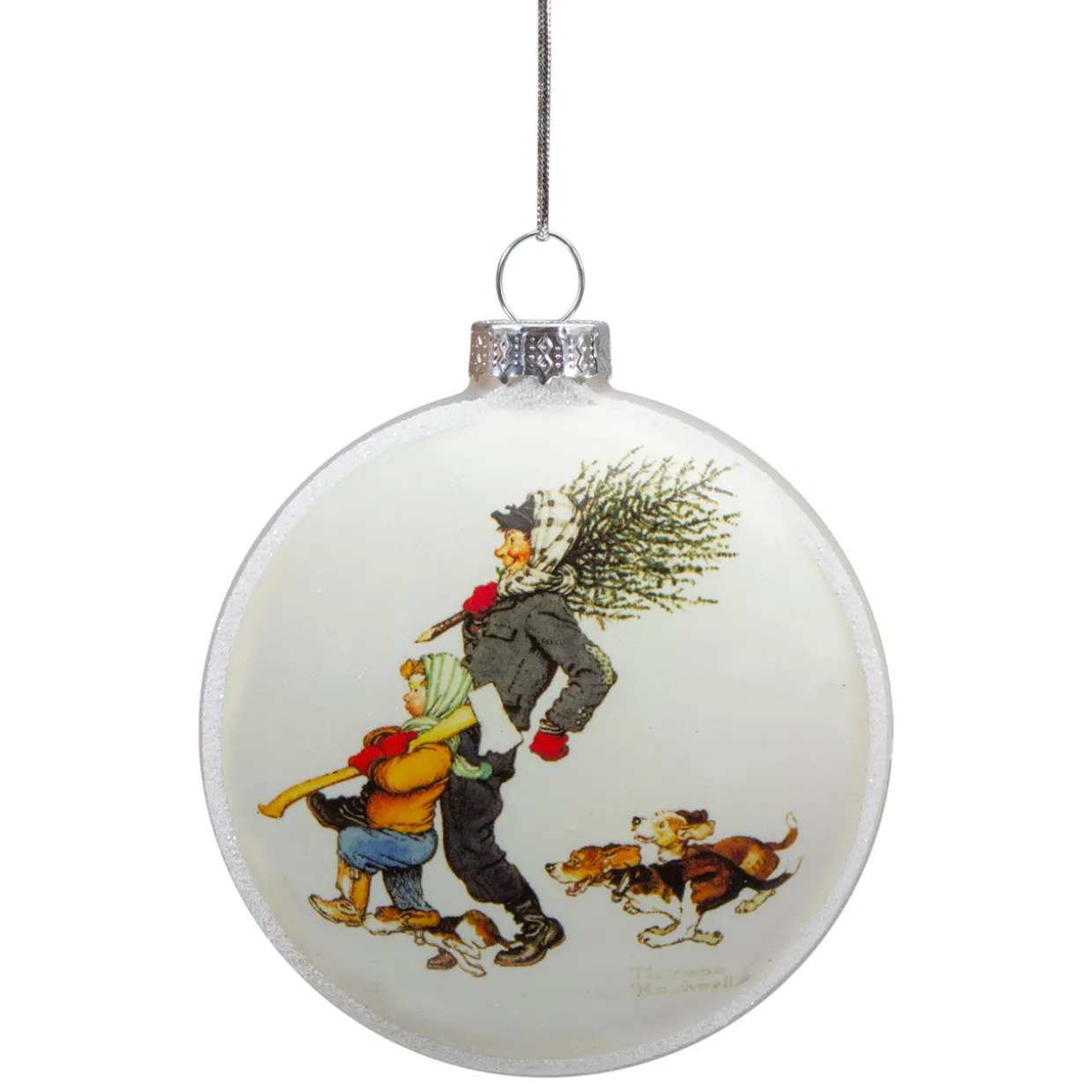 3" Norman Rockwell 'Bringing Home The Tree' Glass Christmas Disc Ornament