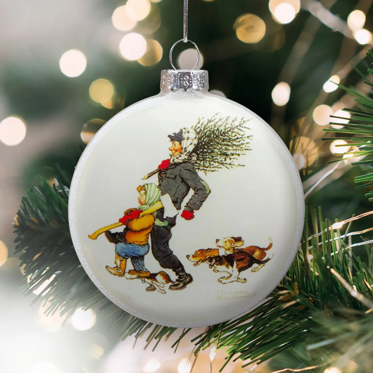 3" Norman Rockwell 'Bringing Home The Tree' Glass Christmas Disc Ornament
