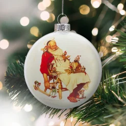 3" Norman Rockwell 'Santa and His Helpers' Glass Christmas Disc Ornament