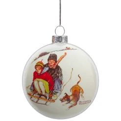 3" Norman Rockwell 'Young Love: Sledding' Glass Christmas Disc Ornament