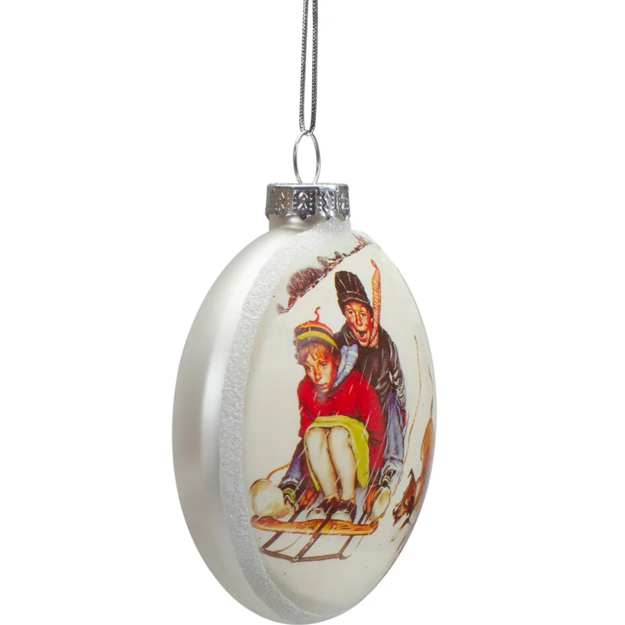 3" Norman Rockwell 'Young Love: Sledding' Glass Christmas Disc Ornament