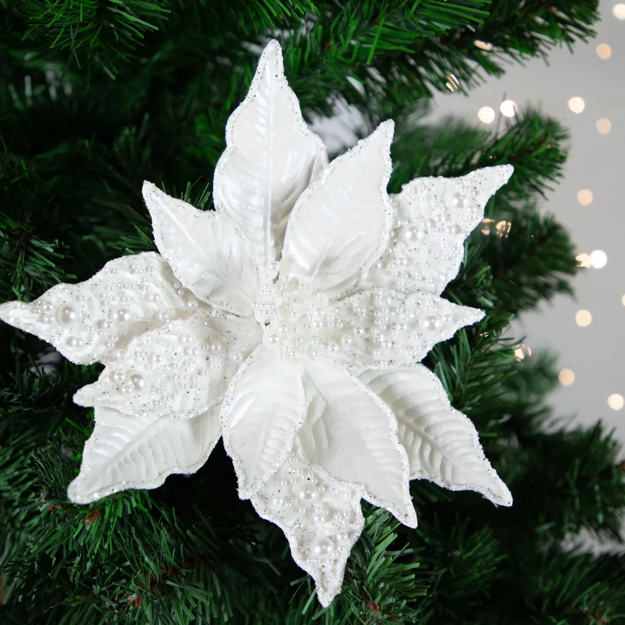 22" Pearl White Glittered Poinsettia Christmas Stem Spray