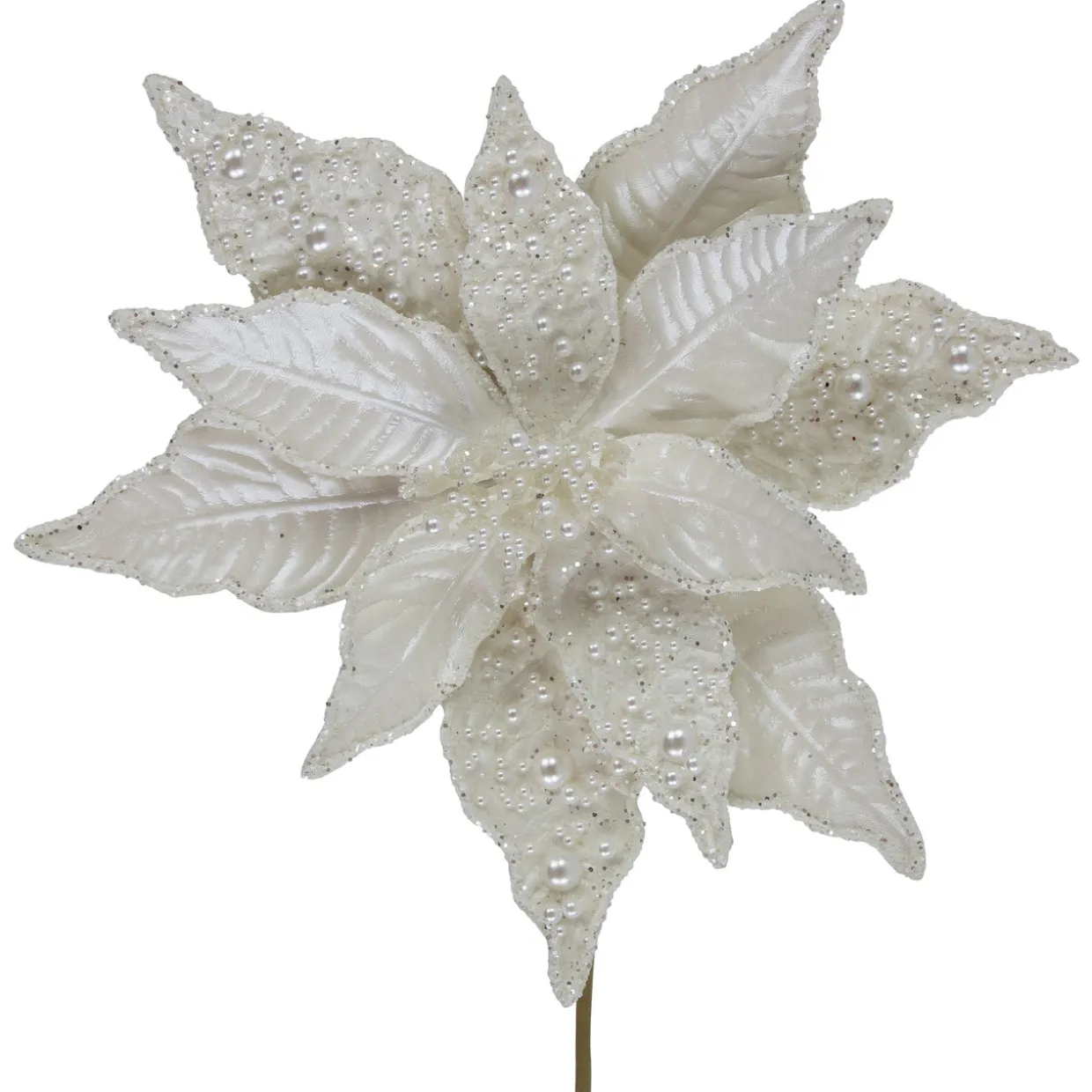 22" Pearl White Glittered Poinsettia Christmas Stem Spray