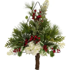 24" Pine Christmas Tree Wall Hanging Decoration with Berries and Holly